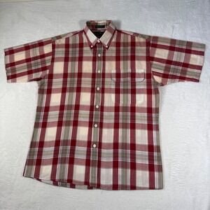 Steeplechase Plaid Button Down Mens M Red Excellent Short Sleeve Cotton Blend